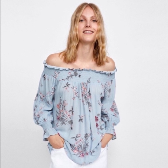 ZARA Premium Denim Collection Floral Print Off Shoulder Top - Picture 2 of 8